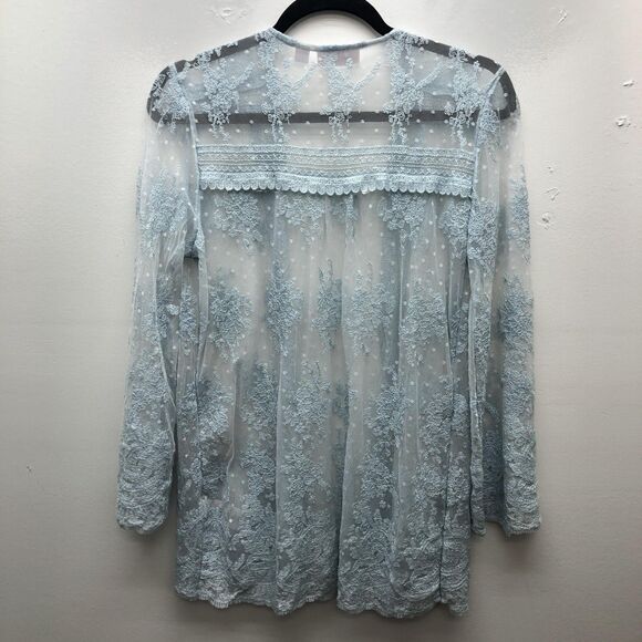 Belle Kim Gravel Lace Womens Small Blue Sheer Embroidered Duster Fairy Boho - Picture 6 of 10